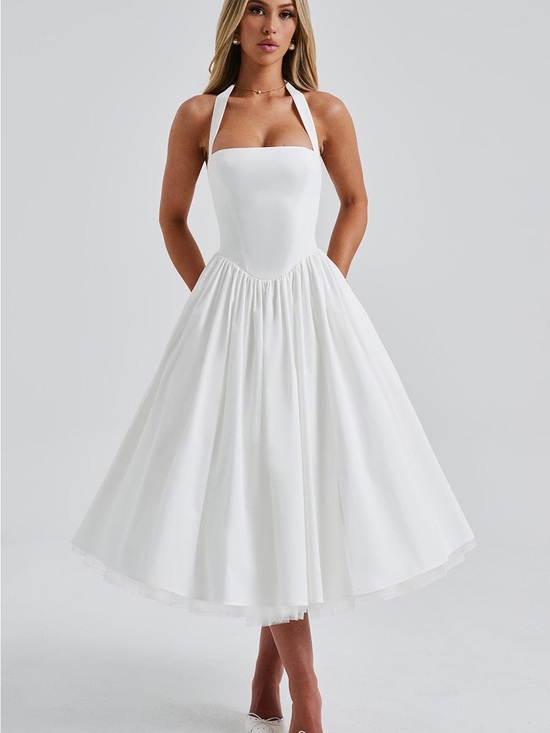 Babyboo Fashion Dresses & Skirts - Babyboo Cressida Midi Dress ivory Classic White Halter Fit-and-Flare Dress